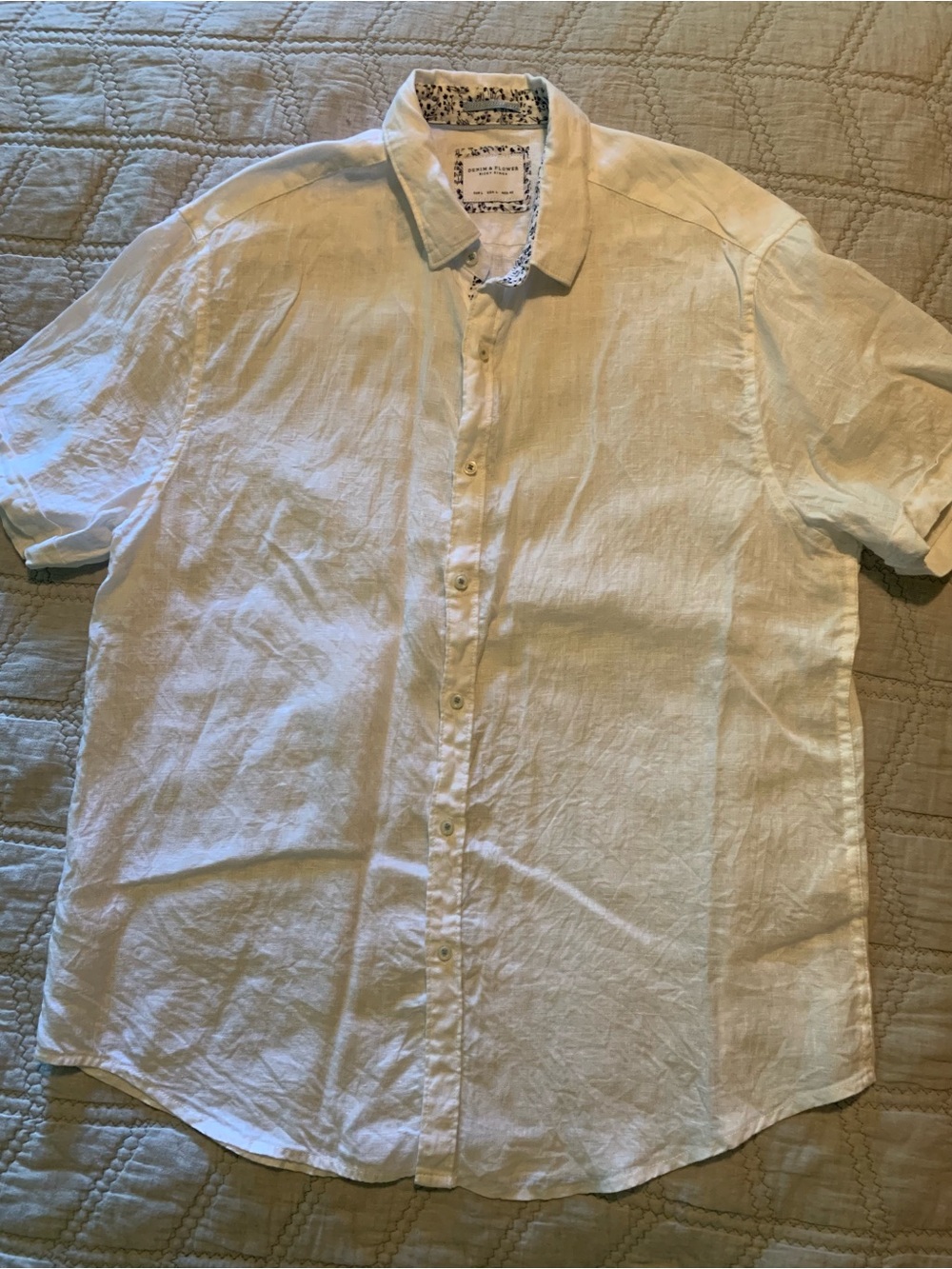 Denim & Flower White Short-Sleeve Button-Down Linen Shirt Size L